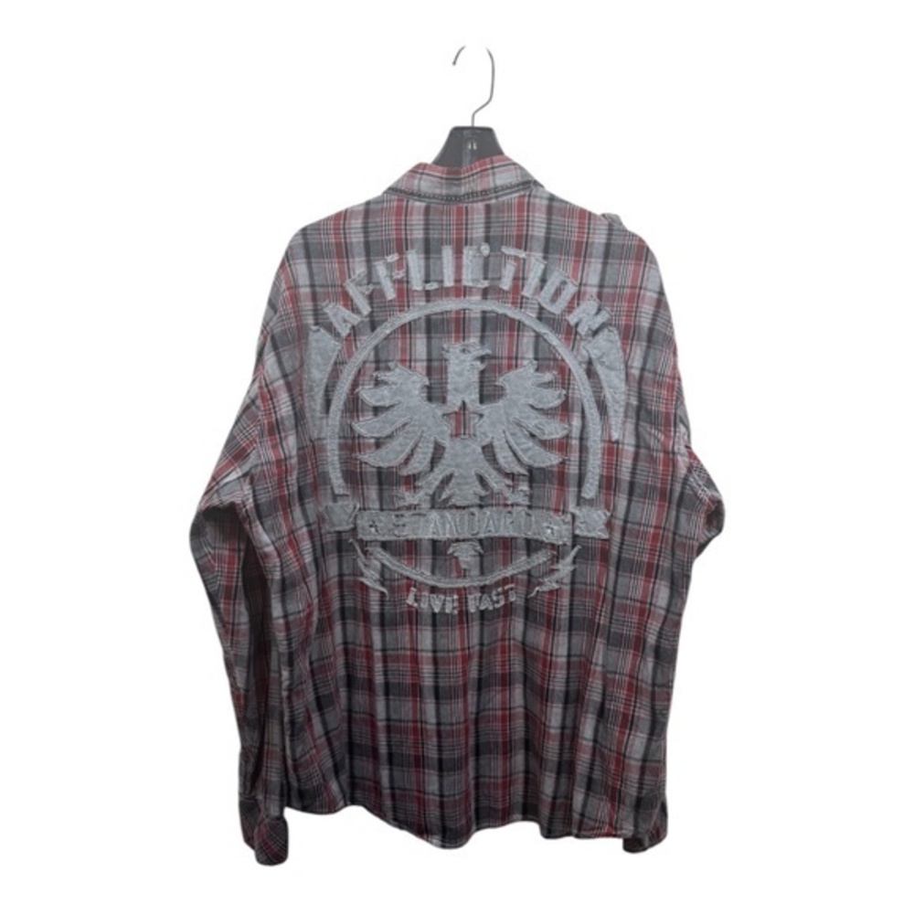 Affliction Long Sleeve Shirt Mens 3 X-Large Red Plaid Patchwork Logo Grunge 90s